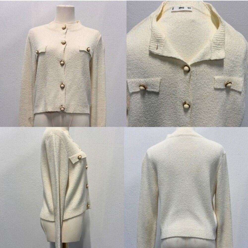 Mango White Knitted Viscose Cardigan Jumper Sweater Top Jacket Jewel Buttons